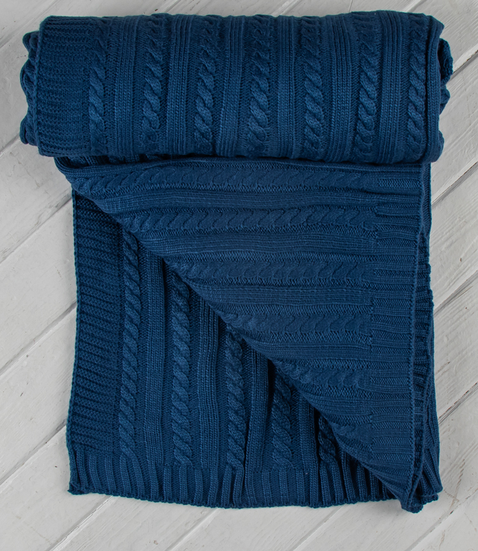 Вязаный плед косы гладь синий 160х230 см