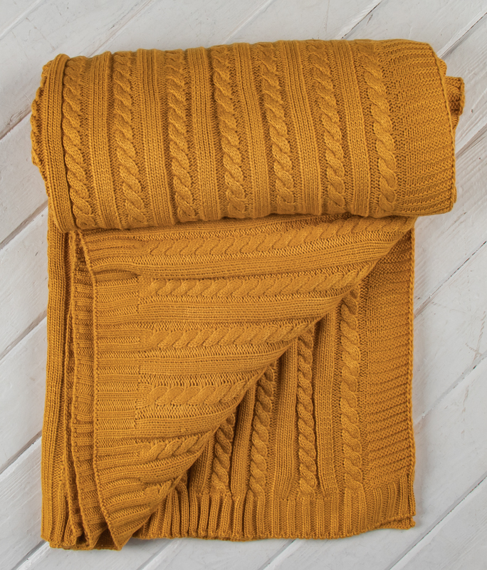 Вязаный плед косы гладь золотой мед 160х250 см