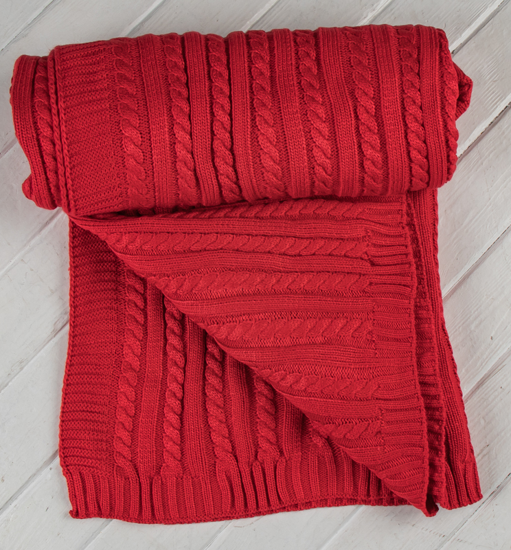 Плед вязаный косы гладь кораллово-красный 160х240 см