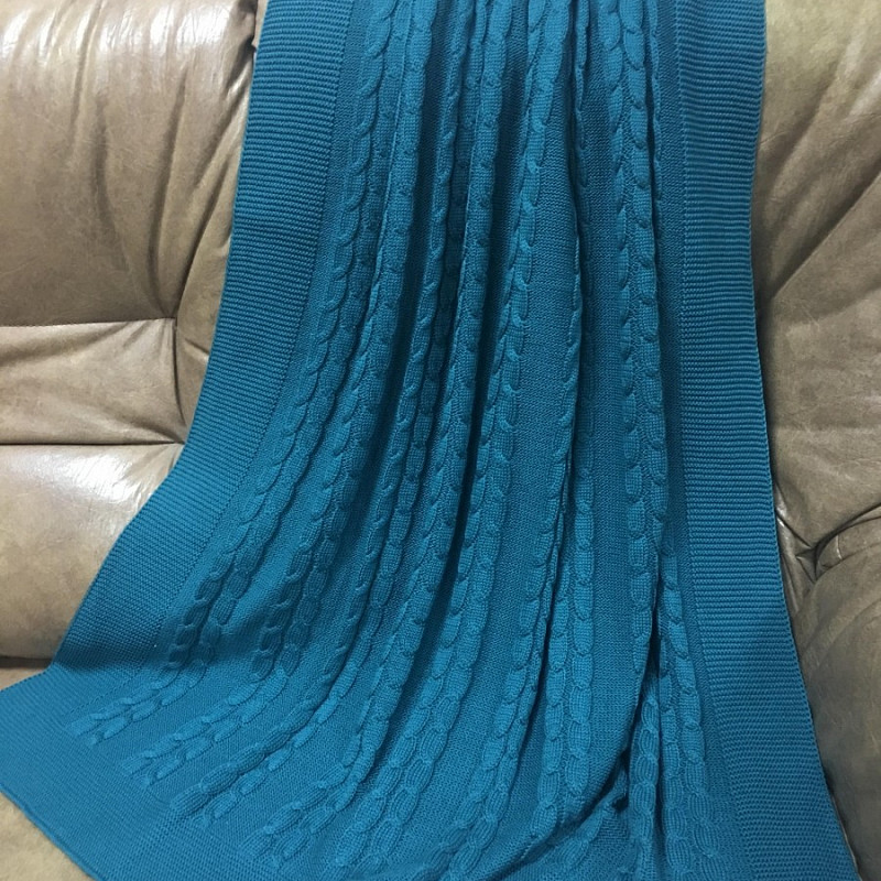 Плед детский связанный в косы хлопок морская волна